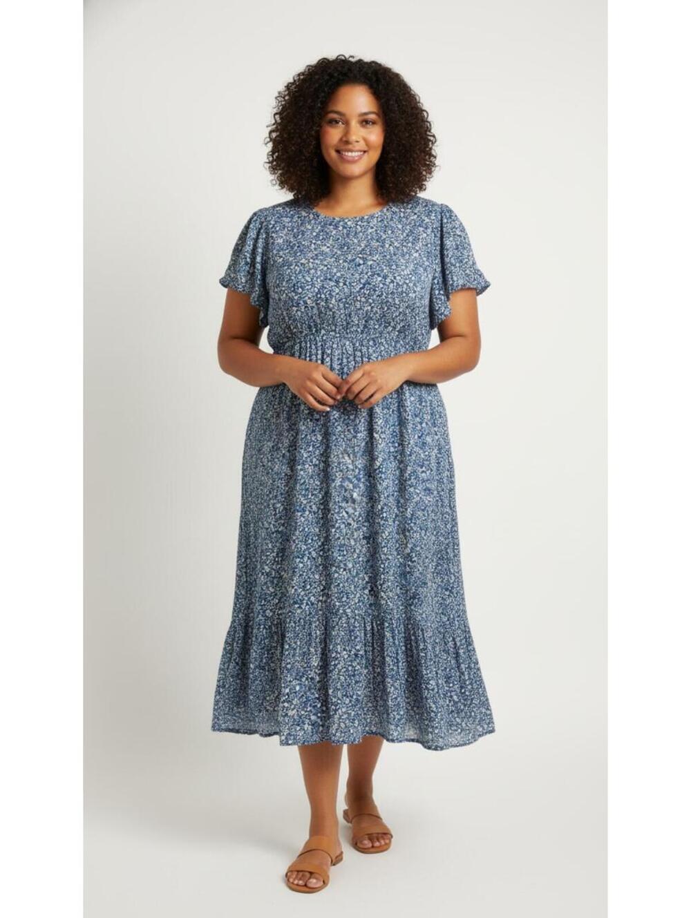 Nemidor Blue Floral Casual Midi Dress with Elastic Waist Size 18